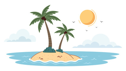 Tropical island with palm trees and sun, Summer beach vacation vector illustration