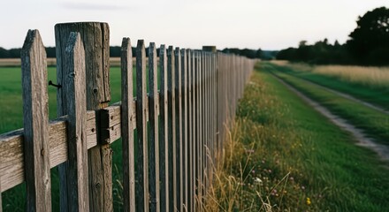 Fototapeta premium Close up of an old wooden picket fence separating a green field from a dirt path. Rural landscape with agricultural farm boundary.