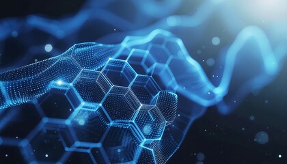 A visually striking abstract composition featuring a cluster of geometric honeycomb structures interwoven with wavy, glowing, translucent, blue data streams, set against a dark backdrop
