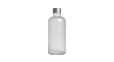 Elegant frosted glass bottle with silver cap, isolated on a stark black background.