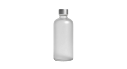 Elegant frosted glass bottle with silver cap, isolated on a stark black background.