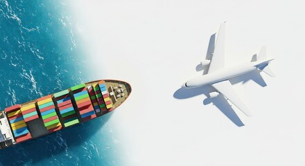 Fototapeta premium A large cargo ship floats on blue ocean water beside a white airplane showing worldwide shipping by air and ocean routes.