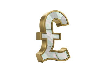 Elegant pound sterling currency symbol isolated, golden frame with mother of pearl inlay on transparent background