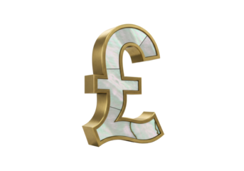 Elegant pound sterling currency symbol isolated, golden frame with mother of pearl inlay on transparent background