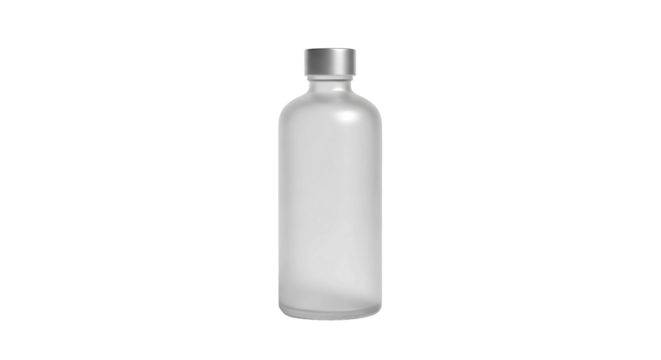 Elegant frosted glass bottle with silver cap, isolated on a stark black background.