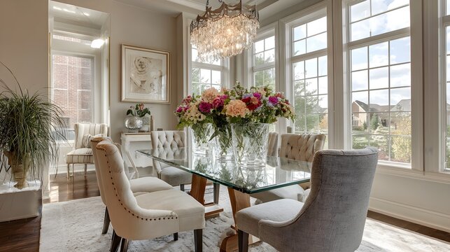Elegant dining room interior with large windows, floral centerpiece, and classic, comfortable furniture.