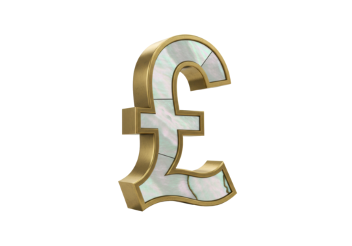 Elegant pound sterling currency symbol isolated, golden frame with mother of pearl inlay on transparent background - Powered by Adobe
