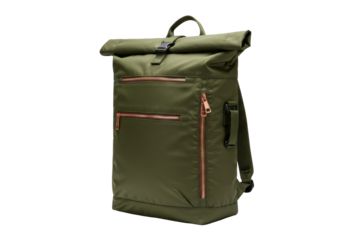 Olive green rolltop backpack isolated on white, stylish and functional bag for travel and everyday use
