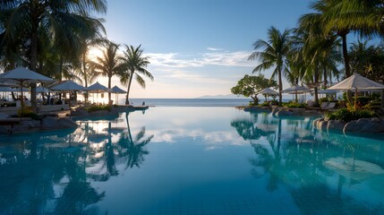 Fototapeta premium Serene beachfront resort scene showcases a perfectly still, turquoise infinity pool reflecting palm trees, umbrellas, and the clear blue sky with a sun-kissed horizon over calm ocean waters.