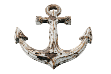 Weathered nautical anchor, off-white with rust patches, isolated on black background
