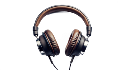 A pair of brown and black over ear headphones with a cord on a dark black background studio shot created with generated ai