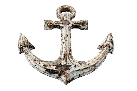 Weathered nautical anchor, off-white with rust patches, isolated on black background