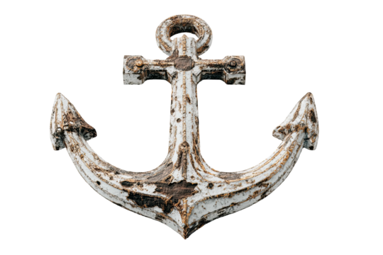 Weathered nautical anchor, off-white with rust patches, isolated on black background