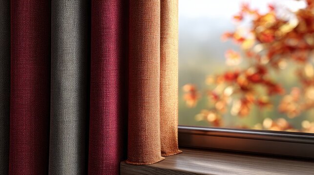 Medium shot showcasing rich textured curtains in deep autumn hues with falling leaves softly blurred outside the window highlighting a cozy seasonal ambiance.