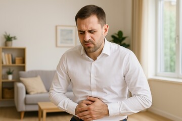 Fototapeta premium Caucasian man experiencing stomach pain in comfortable home living room setting. concept of health issues, abdominal discomfort, personal well-being awareness