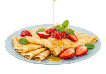 Delicious crepes with strawberries and honey isolated on transparent background, sweet breakfast food for dessert and gourmet