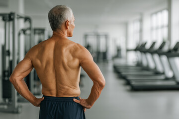 Obraz premium Senior athlete exercising in gym, emphasizing fitness and strength in an active lifestyle, concept of health, workout motivation, agility for older adults, copy space