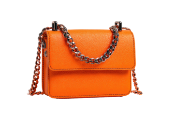 Vivid orange, small, rectangular shoulder bag with a silver chain strap, isolated