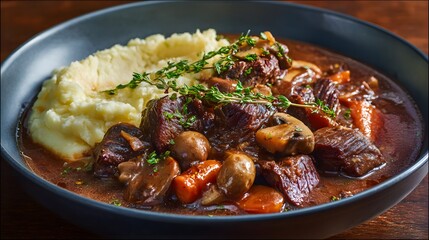 Delicious and hearty dish featuring tender chunks of braised meat, mushrooms, and carrots, served alongside creamy mashed potatoes, garnished with fresh herbs in a deep bowl, displayed with a dark,...