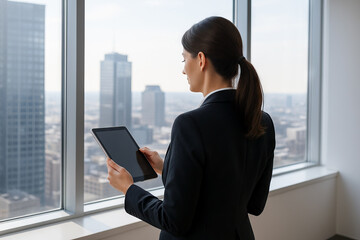 Fototapeta premium Business woman with tablet looking out of window in high-rise office building. concept of modern technology, professional life, cityscape view