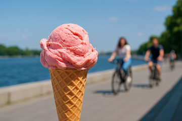 Strawberry ice cream cone by the sea on a sunny day with cyclists enjoying the scenic beachfront. concept of summer dessert, beach leisure, outdoor relaxation