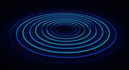Concentric glowing blue neon light circles radiating outwards on a dark, abstract background, creating a futuristic ripple effect.