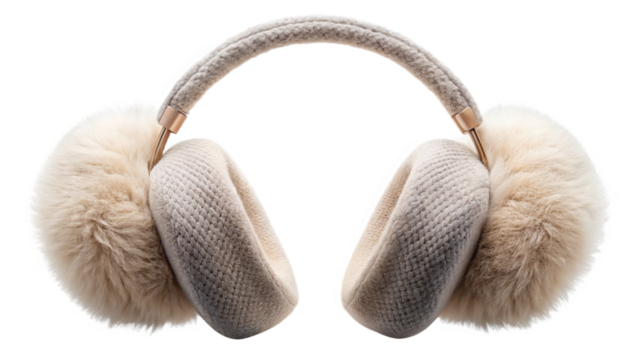 A pair of cream colored earmuffs with fur and a knitted headband against a black background created with generated ai