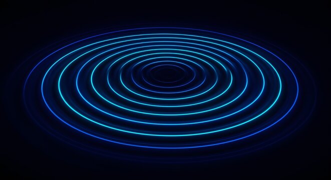 Concentric glowing blue neon light circles radiating outwards on a dark, abstract background, creating a futuristic ripple effect. - Powered by Adobe