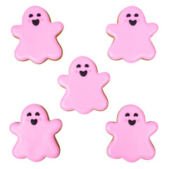 set of pink ghost-shaped Halloween gingerbread cookies isolated on transparent background, pngg