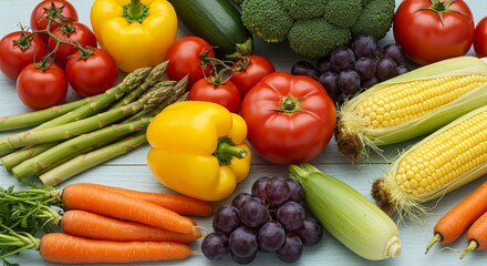 Fresh, colorful fruits and vegetables are neatly arranged on a wooden surface, showcasing a healthy and vibrant selection of produce.