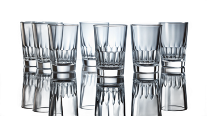 A group of clear faceted drinking glasses arranged on a reflective black surface in a studio setting created with generated ai