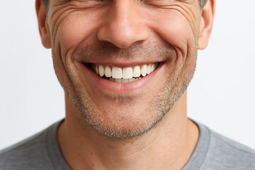 Fototapeta premium Close-up of a smiling man showing white teeth with stubble and gray shirt on a plain background. concept of happiness, positive emotion, oral health
