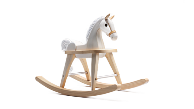 A white rocking horse with a wooden base sits against a dark background in a studio setting created with generated ai