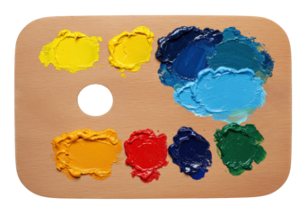 Wooden artist s palette with colorful oil paints isolated, art supplies for painting and creative projects, no background