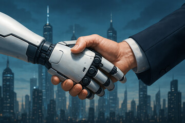 Fototapeta premium Human and robot handshake signifying robotic collaboration in a futuristic cityscape with skyscrapers. concept of technology partnership, innovation, future interaction