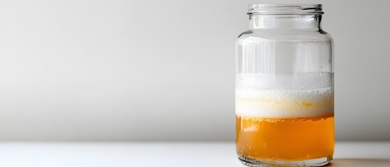 Glass jar fermentation process layers with different colors and foam.