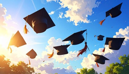Graduation caps flying in the air against bright sky with sunlit clouds and treetops, symbolizing celebration and achievement.