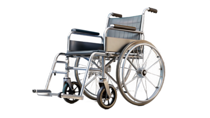A silver wheelchair with black seat and armrests isolated on a black background in a studio shot created with generated ai