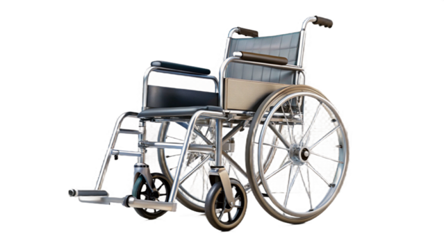 A silver wheelchair with black seat and armrests isolated on a black background in a studio shot created with generated ai