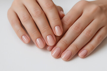 Fototapeta premium Nude manicure on hands showcasing simple and elegant nail design with smooth finish and subtle shine. concept of minimalistic beauty, nail art, elegance in aesthetic