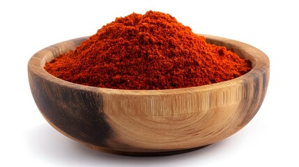Bright red paprika spice powder in wooden bowl with spilled seasoning on white background, cooking ingredient and natural culinary texture concept design