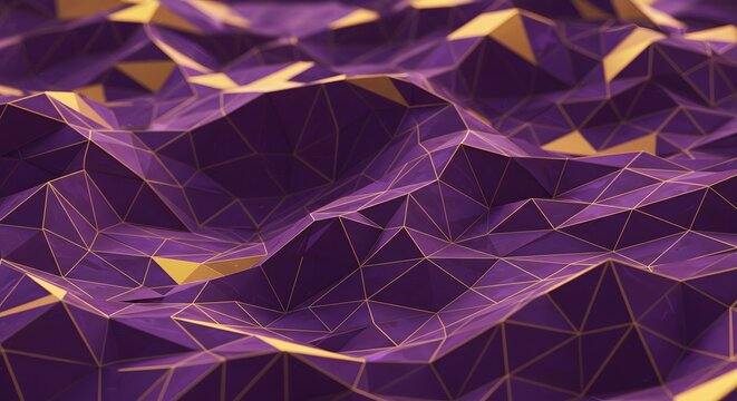 Abstract digital illustration of a polygonal landscape with purple and gold tones. - Powered by Adobe