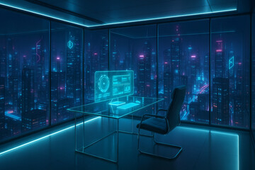 Futuristic office interior at night with neon blue lighting and city skyline view. concept of modern workspace, innovative design, high-tech environment
