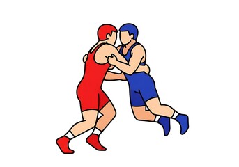 Dynamic Illustration of Wrestlers in Action During a Match
