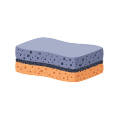 A two-layered cleaning sponge with a blue top and orange bottom.