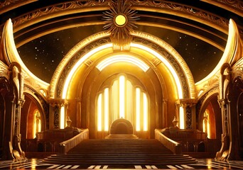 Futuristic Art Deco Palace Golden Arches Glowing Sunbursts Chaotic