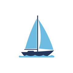 Blue sailboat on water, simple flat vector illustration.