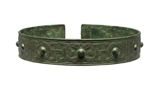 Ancient Celtic bronze torc isolated, neck ring with intricate patterns and patina, historical artifact for jewelry design and archaeological studies