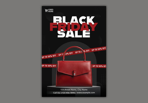 Black Friday Flash Sale Flyer with Fashionable Handbag for Women's Accessories or Luxury Retail Promotion, Editable Design.