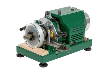 A compact, green mechanical device with a translucent disk, wooden base, and metal components